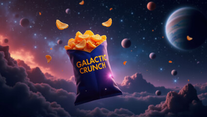 Generative, AI, A floating bag of ‘Galactic Crunch’ chips amidst a starry space backdrop with vibrant planets and floating chips.

