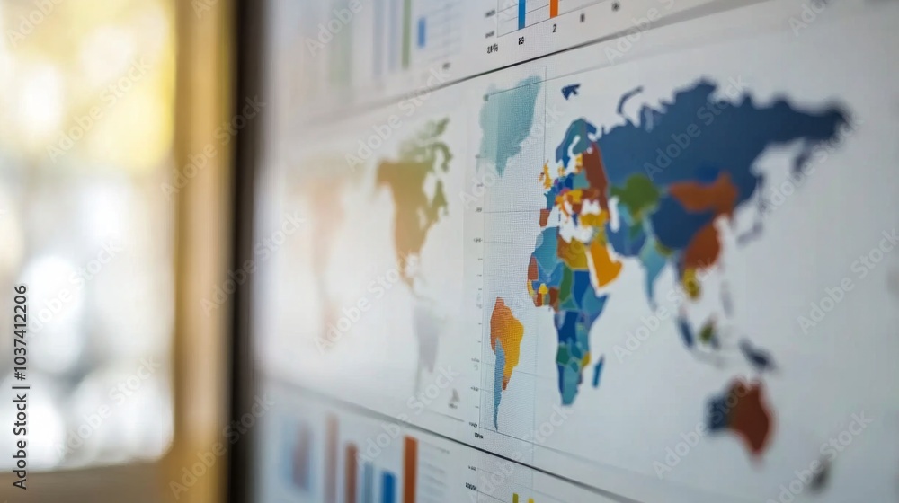 Poster colorful world map with data visualizations displayed