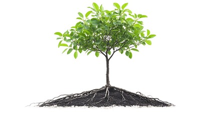 Young tree sprouting leaves, isolated on a white background with visible roots