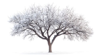 Fototapeta premium Tree with thick, bare branches covered in frost, standing on a white background