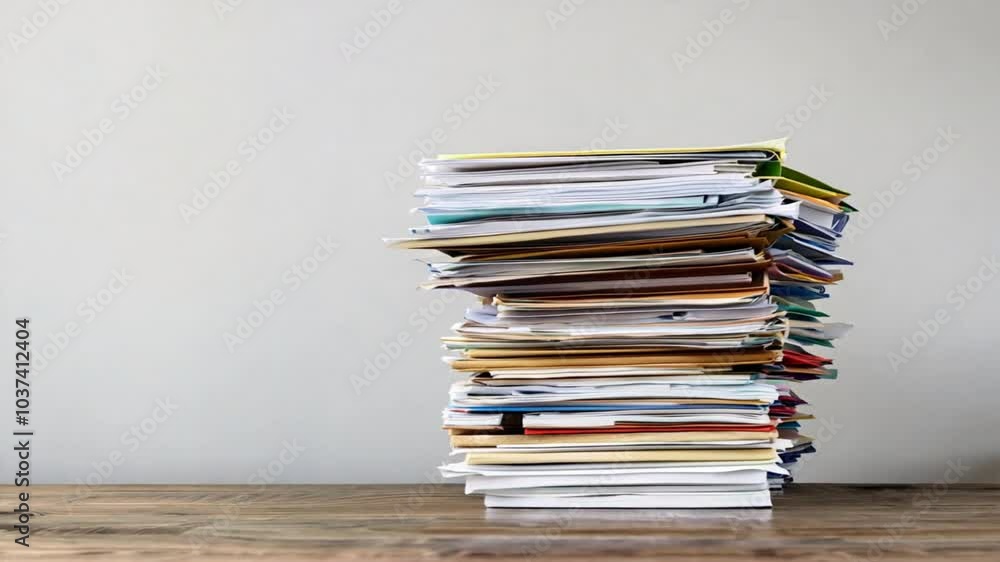 Poster organizing tall stack of cluttered papers and documents on wooden workspace guide to managing office