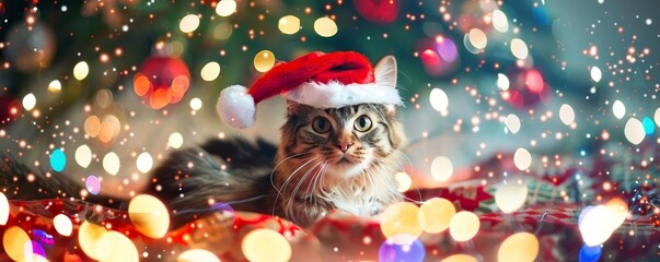 Cute kitten in Santa hat on blurred gold lights background. Christmas and New Year festive concept with copy space. Winter holiday banner for pet shop or veterinary clinic, greeting card, flyer, web. 