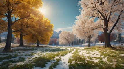 Seamless Four Seasons Nature Scene in One Frame