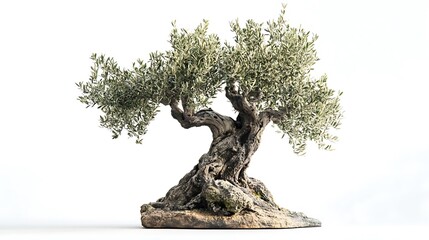 An olive tree with a short trunk and gnarled branches on a white background