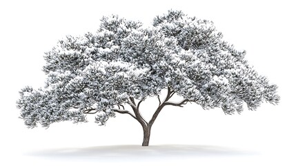 Conifer tree with thick, snow-covered branches on a white background