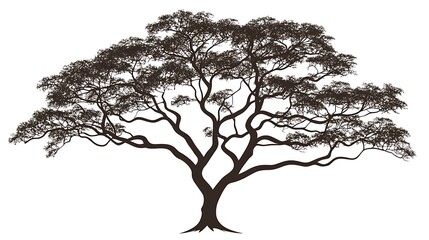 Detailed tree silhouette with many fine branches, isolated on a white background