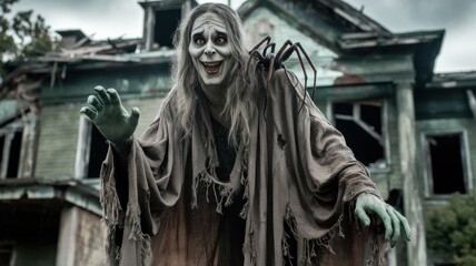 A spooky creature with eerie features, posing against a haunted house backdrop for a chilling Halloween atmosphere.