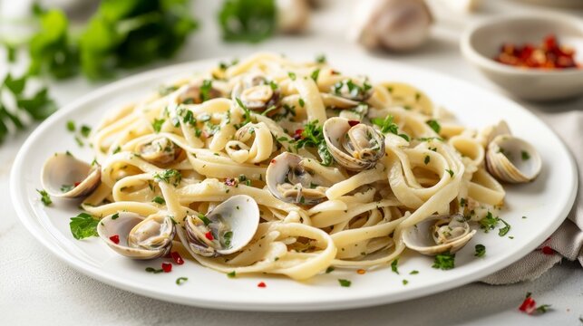 A mouthwatering plate of linguine alle vongole tossed with clams, garlic, and white wine sauce