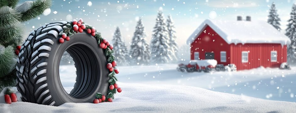 A whimsical winter landscape showcasing a festive wreath crafted from tires, set against a serene snowy backdrop, perfect for seasonal celebrations