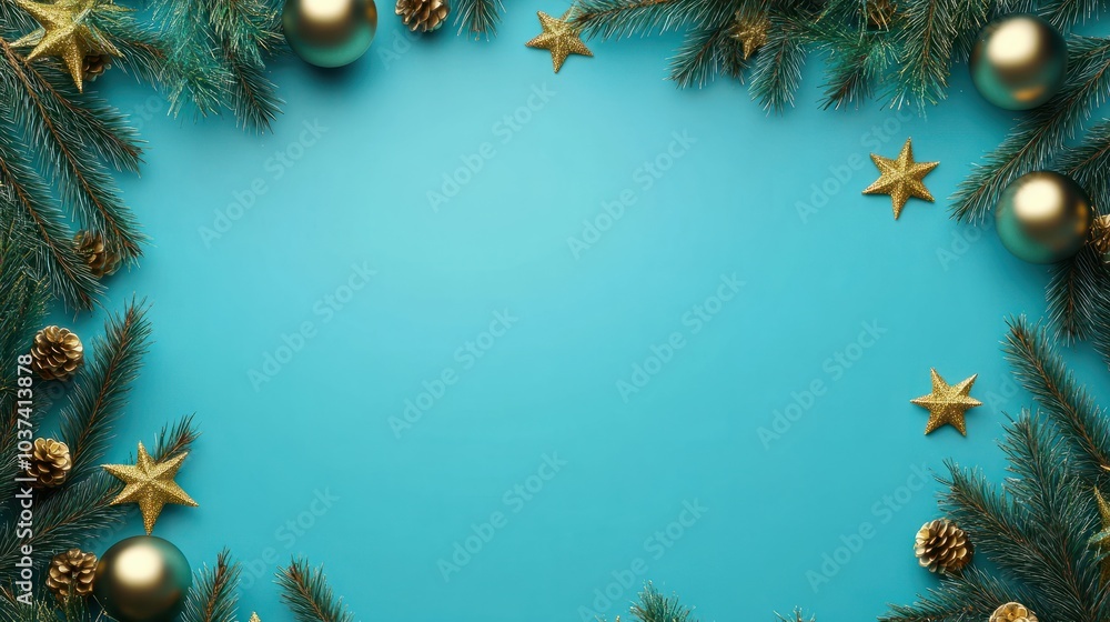 Poster a christmas frame consisting of fir branches golden stars and balls on a blue background the image i