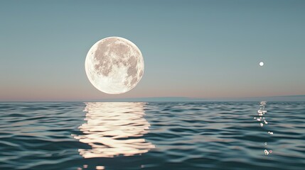 Fototapeta premium Large Glowing Supermoon Rising Over Calm Ocean Horizon with Soft Light Reflection and Scattered Stars, Creating a Serene Atmosphere