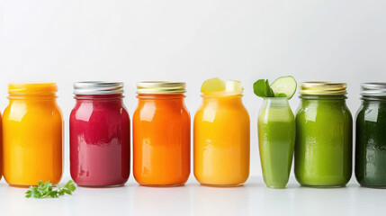 Vibrant variety of fresh juices in colorful glass jars with healthy ingredients
