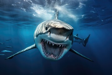 A majestic shark glides through clear waters showcasing its size and grace while highlighting the beauty of marine life and the ocean