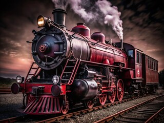 Obraz premium Vintage Red and Black Steam Locomotive in Macro Photography for Nostalgic Train Enthusiasts