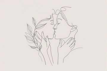 Minimalist Line Art of a Romantic Couple Embracing with Floral Accents	
