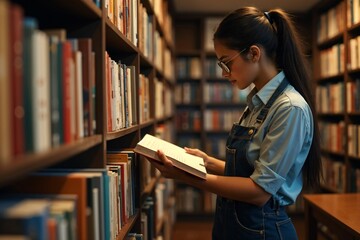 Young Woman Reading in a Cozy Library