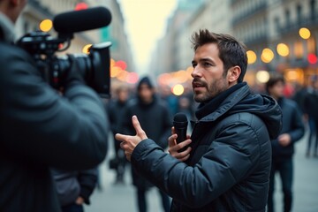 Journalist Reporting Live in a Bustling City