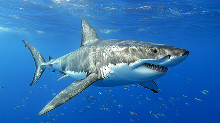 A large white shark is in the ocean, with other fish visible.