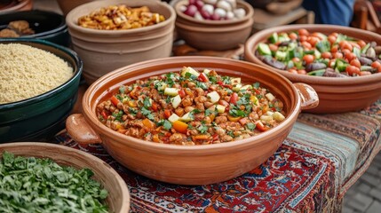 Fototapeta premium Moroccan food stall selling fresh tagine and couscous in a lively souk, surrounded by traditional rugs and local crafts, Morocco street food, exotic cultural immersion