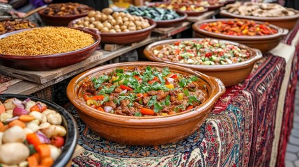 Moroccan food stall selling fresh tagine and couscous in a lively souk, surrounded by traditional rugs and local crafts,  Morocco street food, exotic cultural immersion