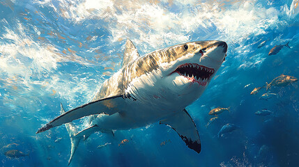 Fototapeta premium A large white shark is in the ocean, with other fish visible.