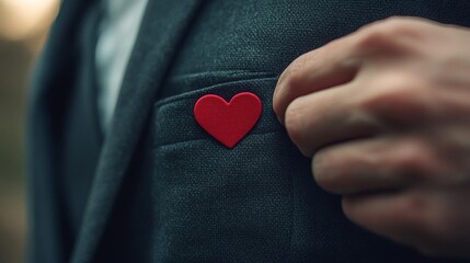 Heart pin on suit jacket pocket, close-up