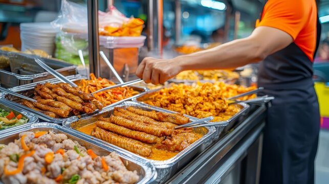 Singaporean hawker center, food stalls selling satay and laksa under bright fluorescent lights, lively urban atmosphere,  Singapore street food, modern yet traditional