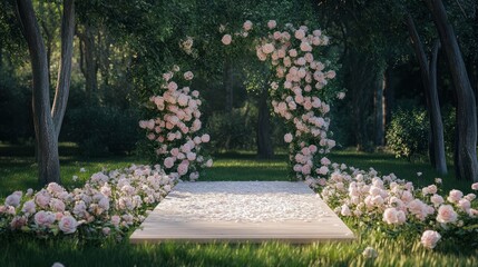 Fototapeta premium Beautiful romantic festive place made with wooden square and floral roses decorations for outside wedding ceremony in green park. Wedding settings at scenic place. Horizontal color photography.
