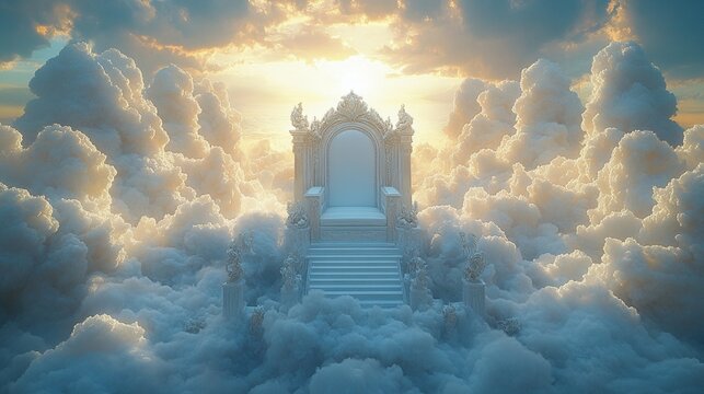 A stunning white throne nestled in the clouds, evoking the concept of a heavenly kingdom of God