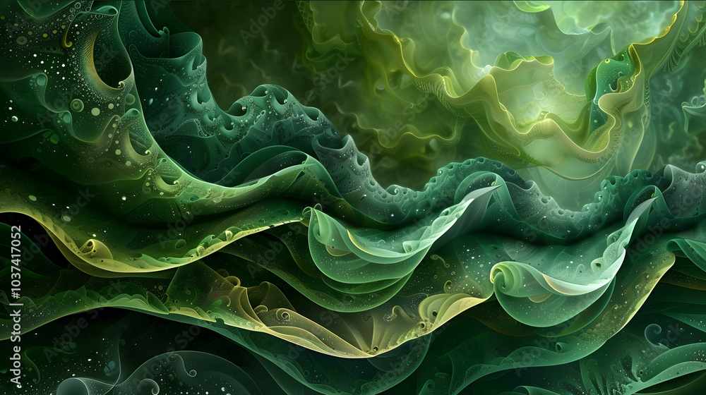 Poster abstract fractal art with multiple shades and textures of green