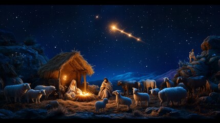 Sacred digital illustration representing Nativity scene in Bethlehem. Christmas scene illustration showing holy family baby Jesus Joseph and Mary. Banner or wallpaper Copy space. Blue