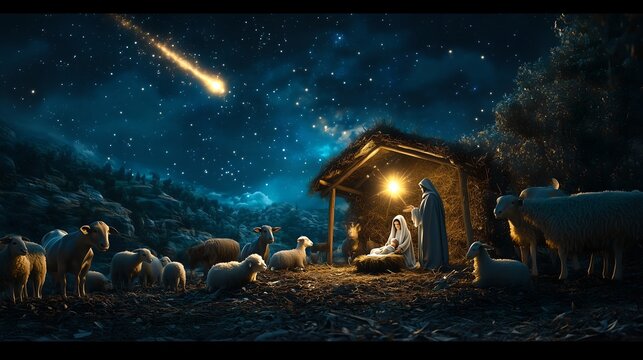 Sacred digital illustration representing Nativity scene in Bethlehem. Christmas scene illustration showing holy family baby Jesus Joseph and Mary. Banner or wallpaper Copy space. Blue