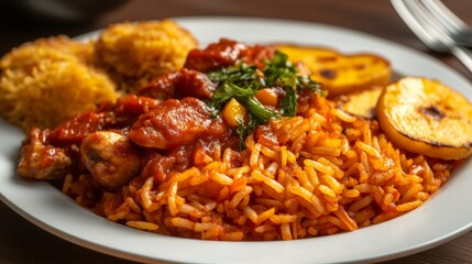 A mouthwatering plate of Nigerian jollof rice with spicy tomato sauce, mixed vegetables, and tender chicken pieces