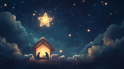 Sacred digital illustration representing Nativity scene in Bethlehem. Christmas scene illustration showing holy family baby Jesus Joseph and Mary. Banner or wallpaper Copy space. Blue