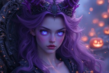 Fototapeta premium Fantasy portrait of a mystical woman with purple hair and horned headpiece, surrounded by glowing pumpkins in an enchanting forest. Perfect for Halloween and magical themes.