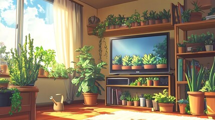 Cozy Living Room with Green Plants and Sunlight