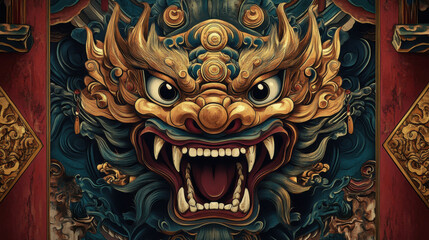 Obraz premium Majestic creature of Buddhist mythology with fierce expression, showcasing intricate details and vibrant colors. This artwork captures essence of strength and spirituality