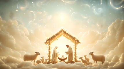Watercolor painting representing Nativity scene in Bethlehem. Christmas scene illustration showing holy family baby Jesus in the manger Joseph and Mary. Banner or wallpaper Copy space