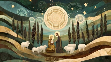 Boho style painting representing Nativity scene in Bethlehem. Christmas scene illustration showing holy family baby Jesus in the manger Joseph and Mary. Wallpaper or banner