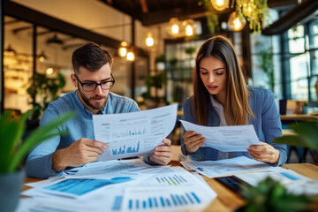 .Two business people, a business man and a business woman, engage in a discussion as they read a financial report together. Young business professionals working together in a modern finance company.