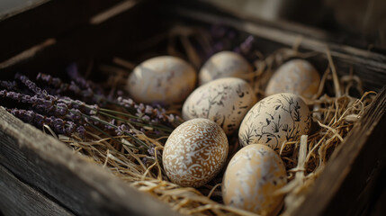 Obraz premium Hand-painted easter eggs in a rustic wooden box with lavender stems