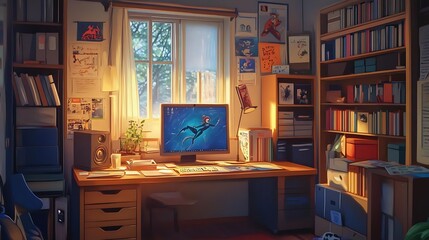 Fototapeta premium Cozy Home Office Desk with Computer Bookshelf and Window View