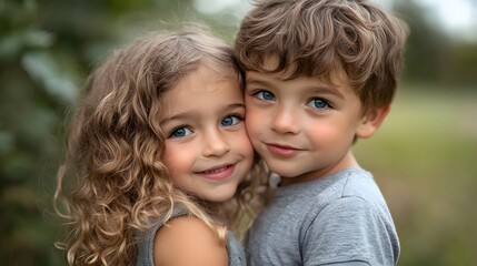 Close-up portrait of happy siblings with blue eyes, smiling young boy and girl embracing in nature