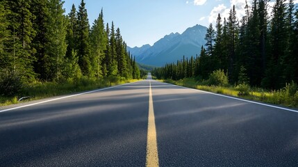 A serene view of a road stretching through lush greenery, surrounded by majestic mountains under a clear blue sky.