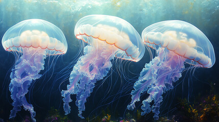 Fototapeta premium Several translucent and tan jellyfish are clustered underwater.