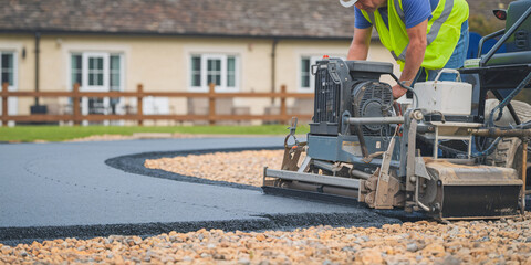 Construction Worker Using Vibratory Plate Compactor on Wet Concrete Slab. A construction worker in a reflective vest operates a road roller on a newly paved road beside a residential house.
