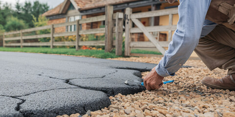 Worker Inspecting Cracked Asphalt Road. A dedicated road inspector kneels on a weathered asphalt road, carefully examining a deep crack.