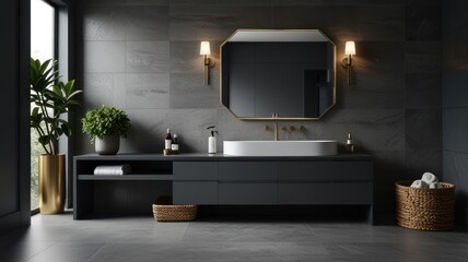 a modern bathroom with a grey color palette. The walls and floor are clad in sleek gray tiles, creating a sophisticated and minimalist aesthetic.
