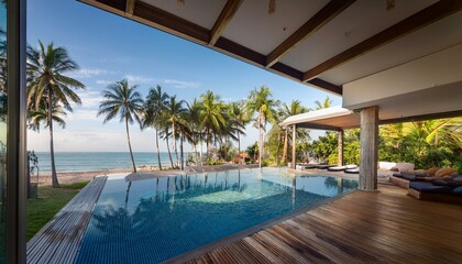 Fototapeta premium Architecture of a beach house with a pool, interior view - directly by the sea, with palm trees and coconuts - modern and with glass.