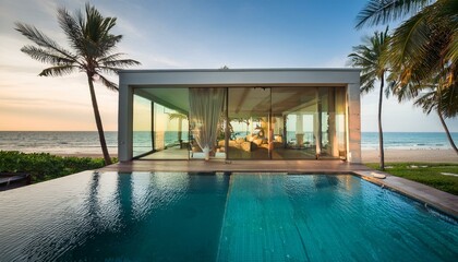 Obraz premium Architecture of a beach house with a pool, interior view - directly by the sea, with palm trees and coconuts - modern and with glass.